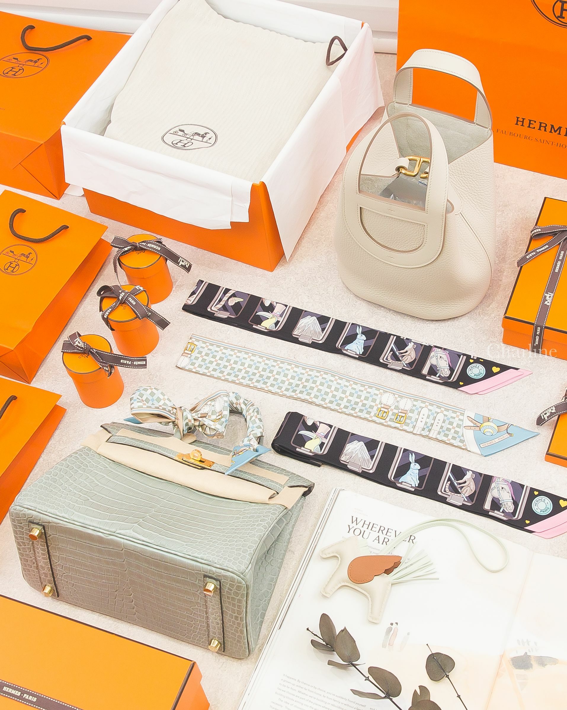Hermès 黑色/玫瑰色/灰色/故事愛心絲巾,杏仁綠/冰川藍/米色座型駕車絲巾,奶昔白/氣泡綠/焦糖色小飛馬,Hermès Birkin 25cm 水晶灰倒V鱷魚金釦,In The Loop 冰川灰金釦-Charline Boutique 精品代購
