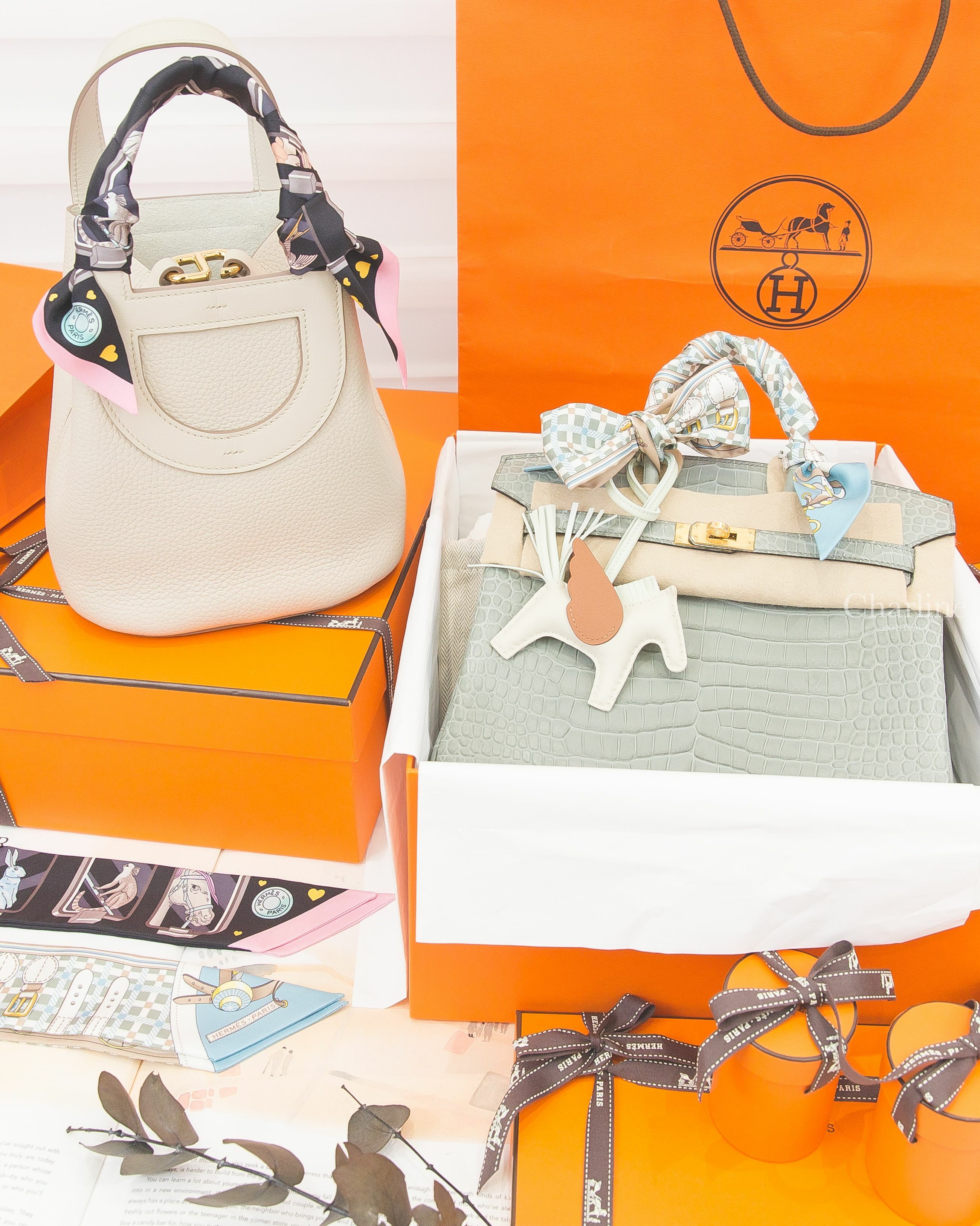 Hermès 黑色/玫瑰色/灰色/故事愛心絲巾,杏仁綠/冰川藍/米色座型駕車絲巾,奶昔白/氣泡綠/焦糖色小飛馬,Hermès Birkin 25cm 水晶灰倒V鱷魚金釦,In The Loop 冰川灰金釦-Charline Boutique 精品代購