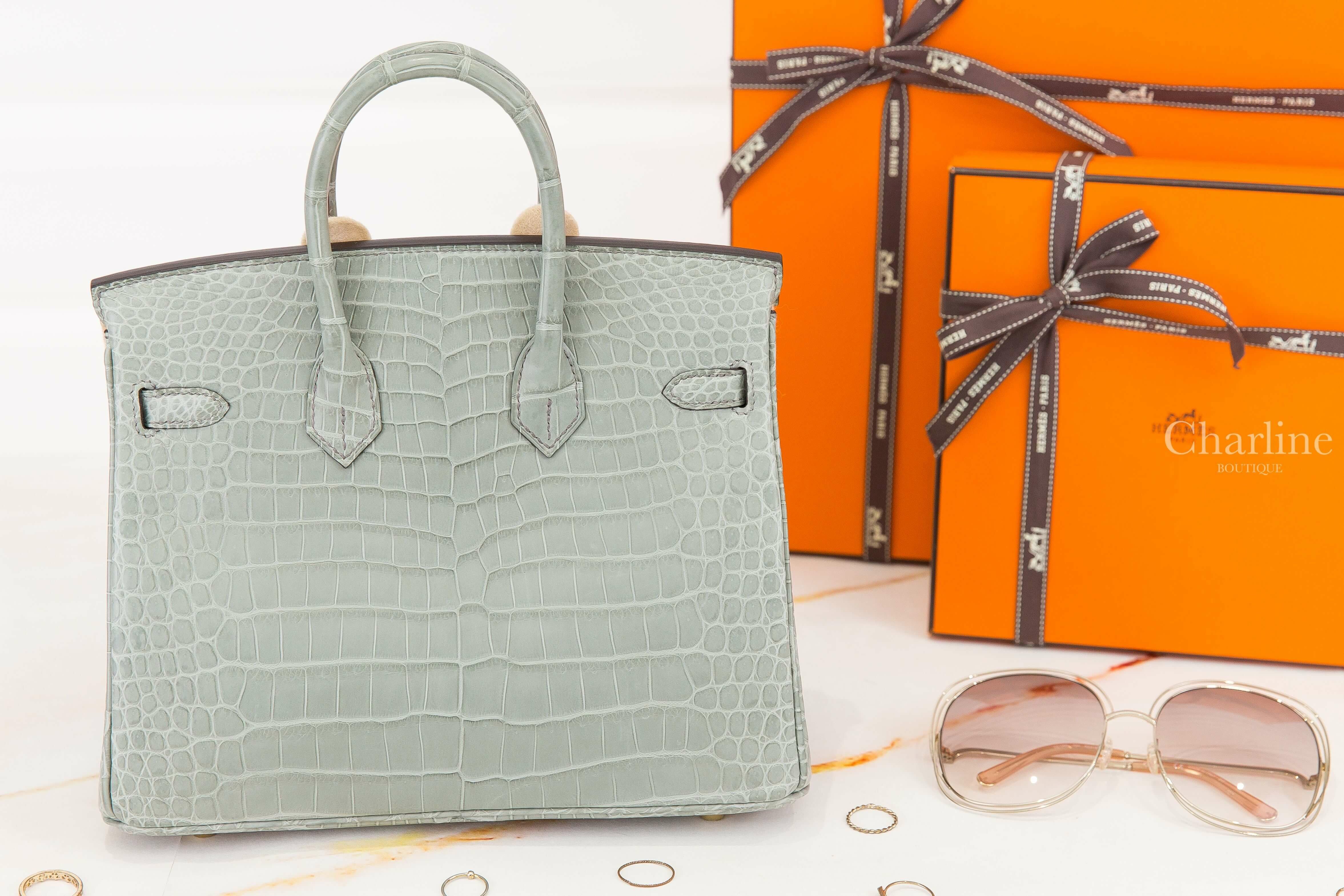 Hermès Birkin 25cm OV Gris Gris Ciment Crocodile Porosus Mat B刻水晶灰霧面倒V鱷魚金釦鉑金包-Charline Boutique 精品代購