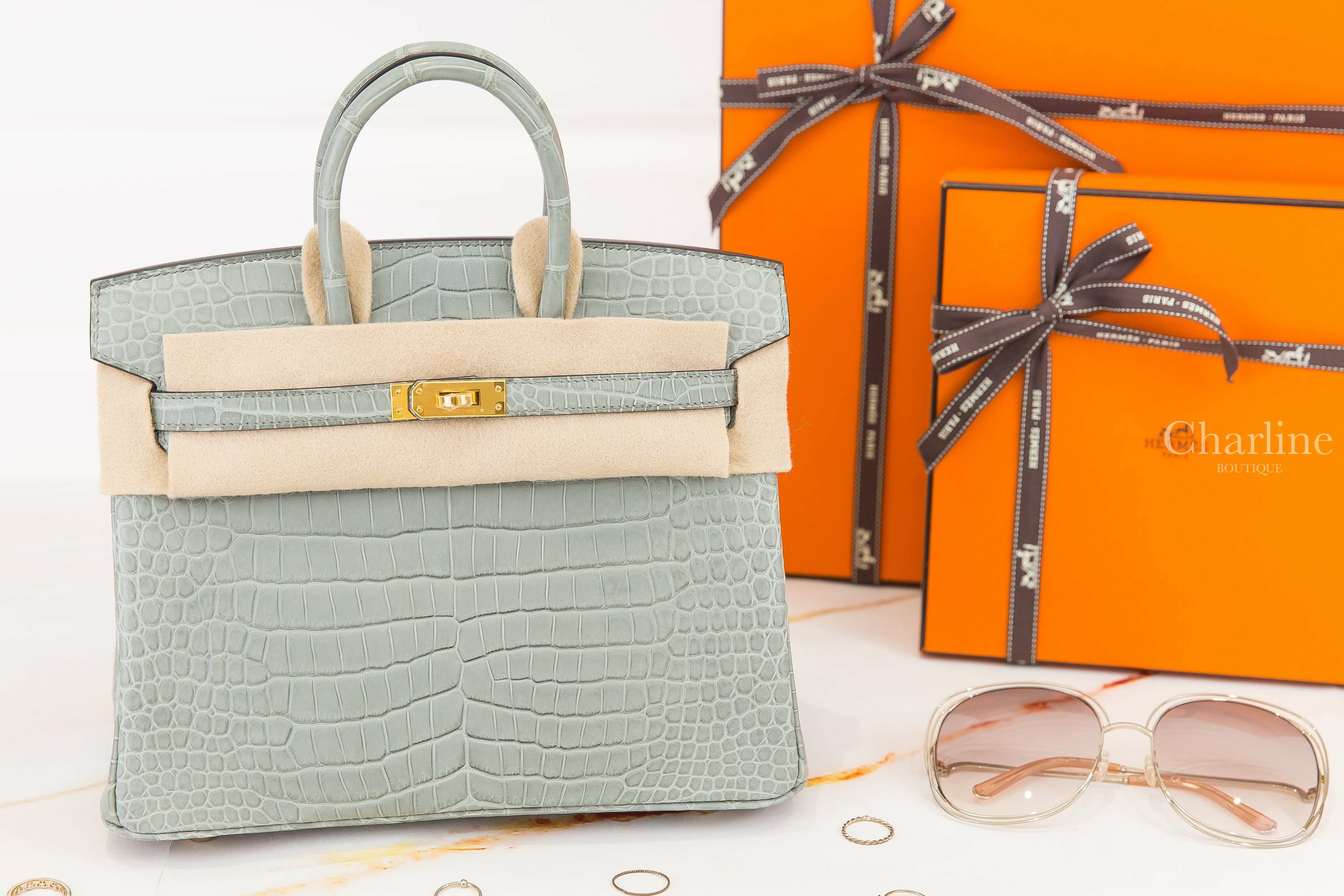 Hermès Birkin 25cm OV Gris Gris Ciment Crocodile Porosus Mat 水晶灰霧面倒V鱷魚金釦鉑金包
