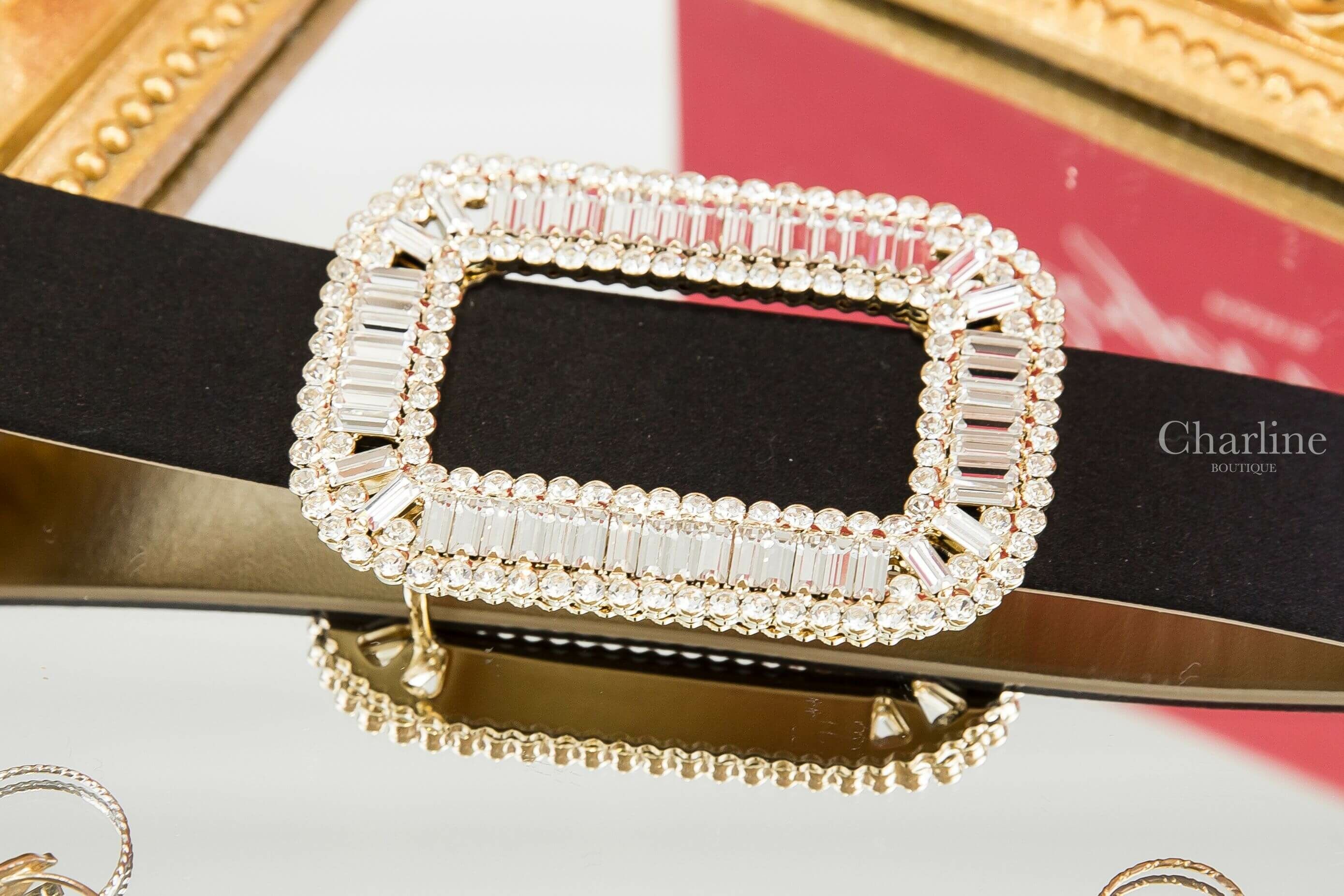 Roger Vivier Pilgrim Buckle Belt in Satin 黑色絲綢金色水晶方釦3cm皮帶