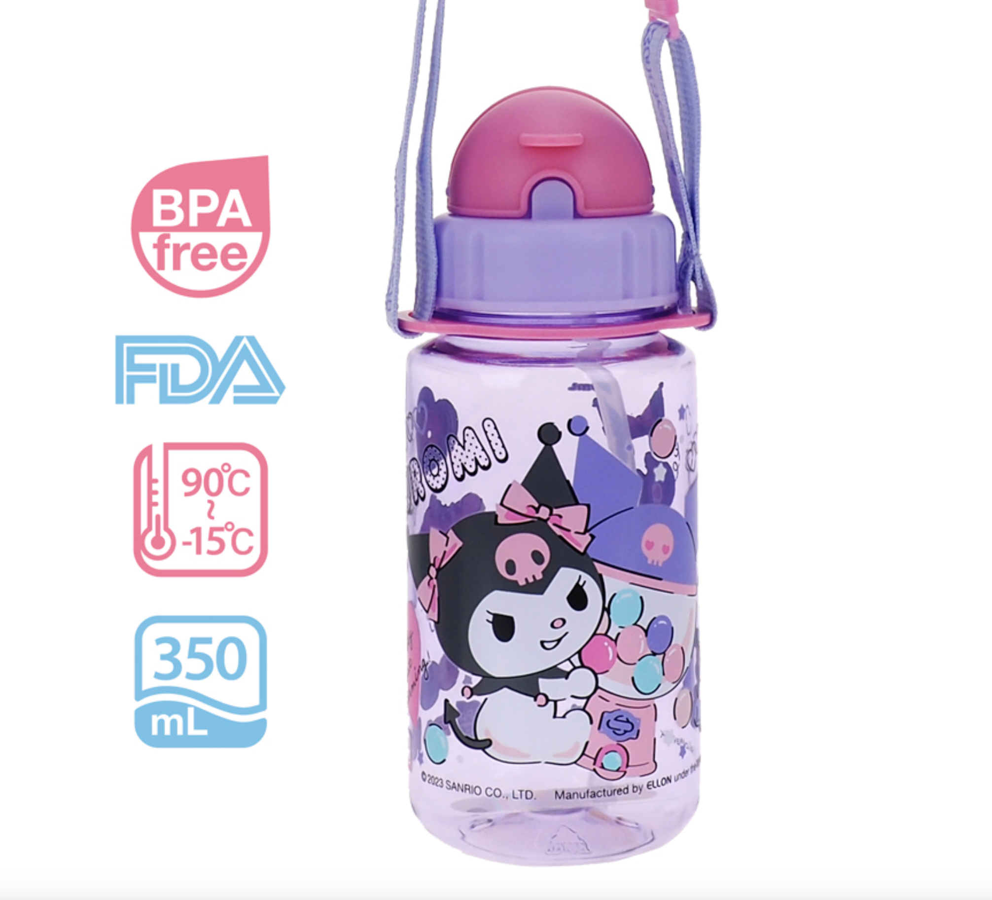 Kuromi 350ml 膠水樽連飲管及頸繩 9-4980-33