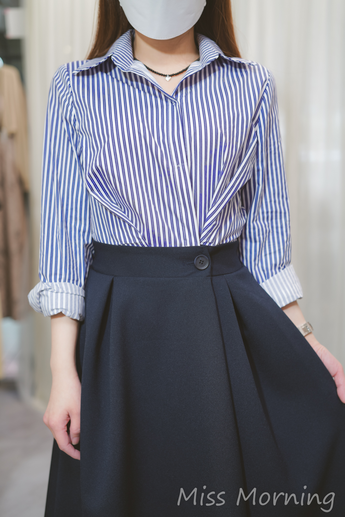 條子假兩件款連身裙(13732)