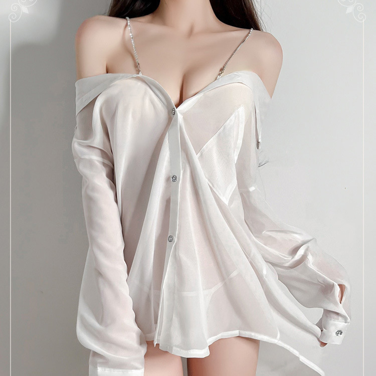 L6587 性感水鑽肩帶男友風襯衫 白