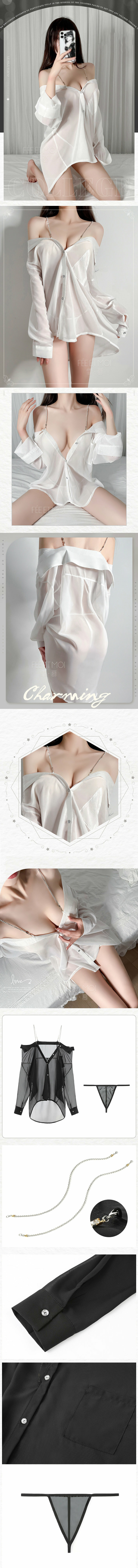 L6587 性感水鑽肩帶男友風襯衫 白