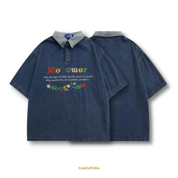 小花字母刺繡POLO牛仔衫