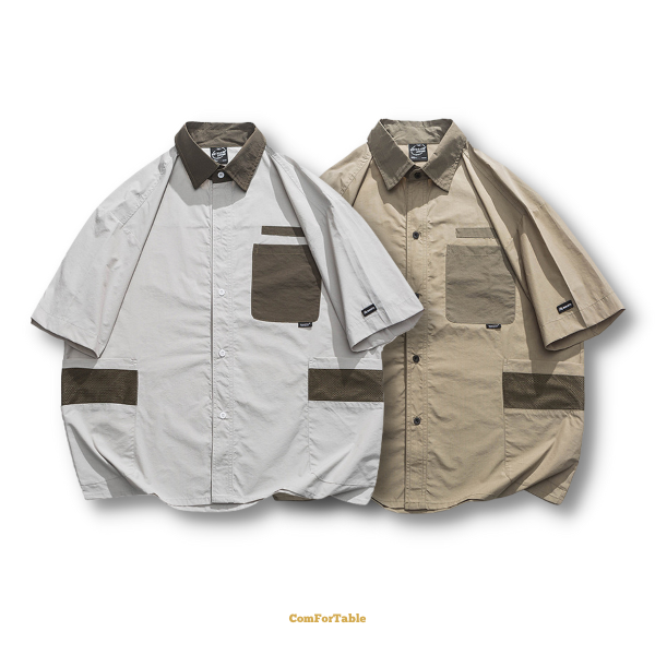 日系網眼拼接口袋襯衫