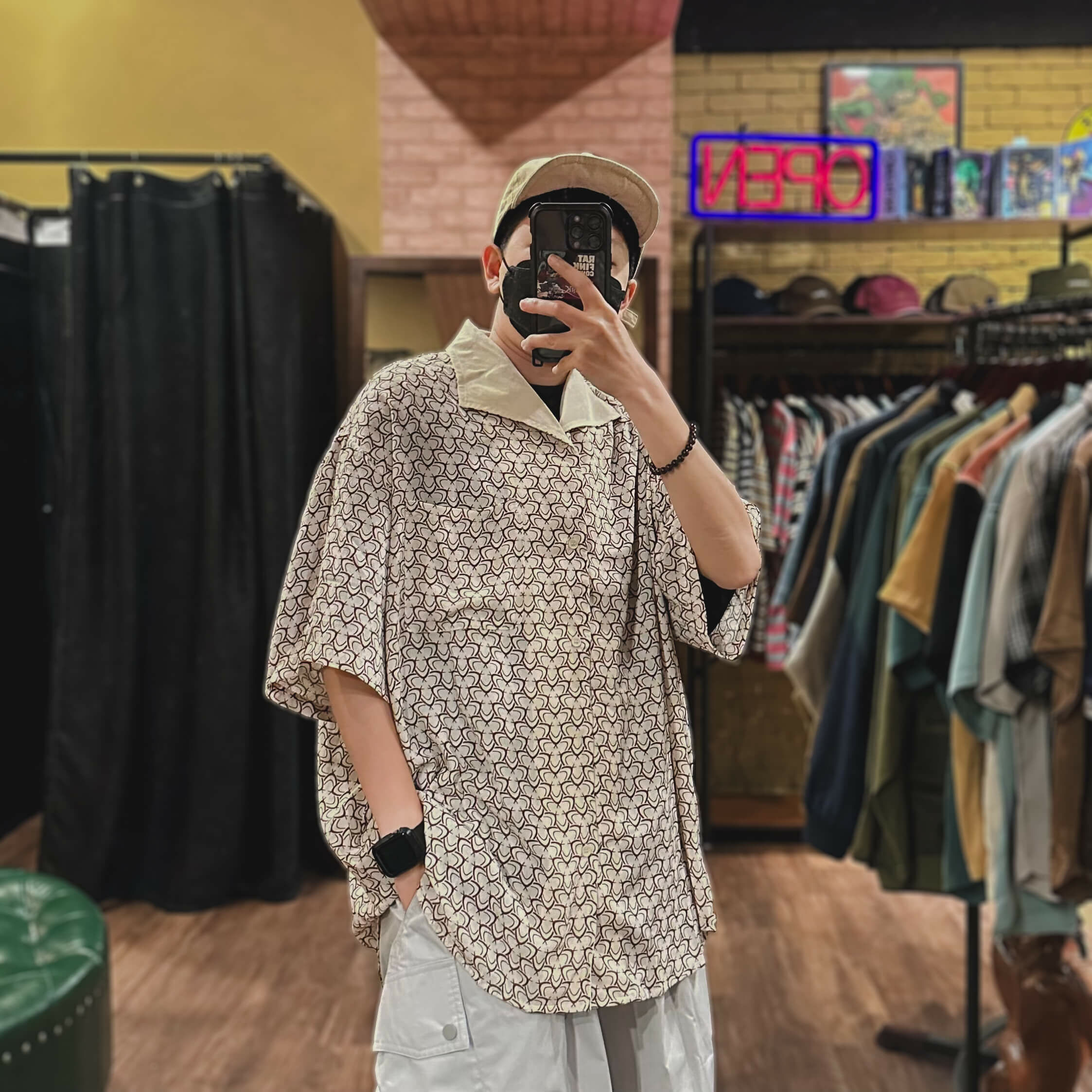 復古幾何翻領輕薄襯衫