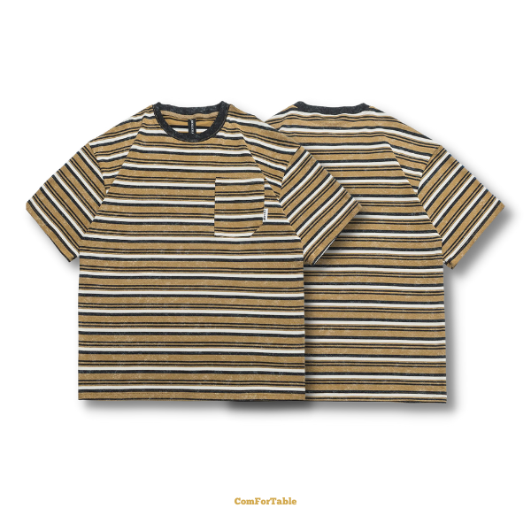 炒色條紋口袋休閒短TEE