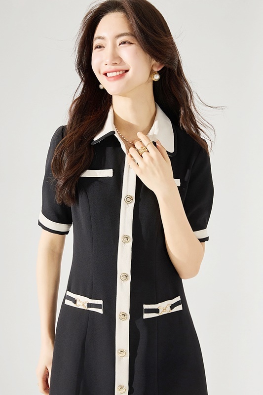 翻領直排釦撞色洋裝 黑色