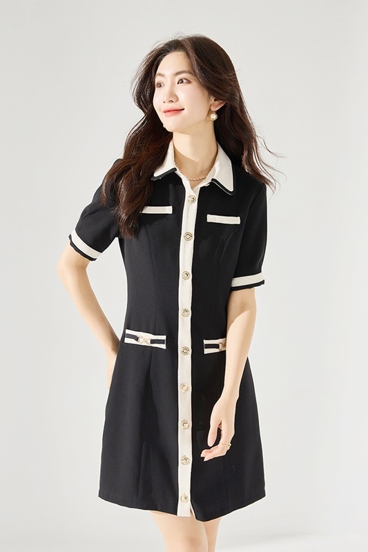 翻領直排釦撞色洋裝 黑色