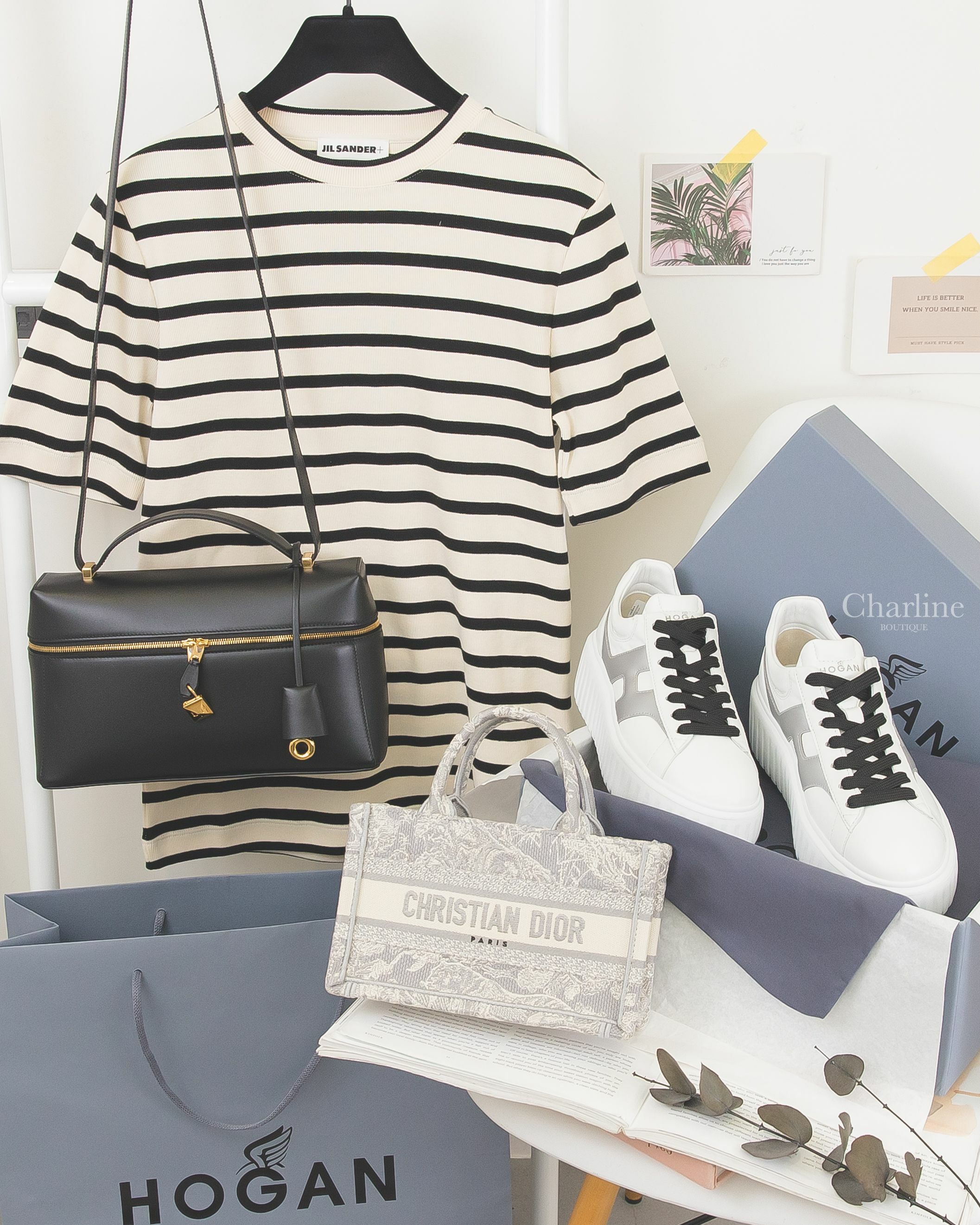 Dior Mini Dior Book Tote With Strap 灰色水墨畫圖騰刺繡迷你肩背帆布提把托特包,Loro Piana Extra Bag 黑色小牛皮金色鎖頭手提肩背包-Charline Boutique 精品代購