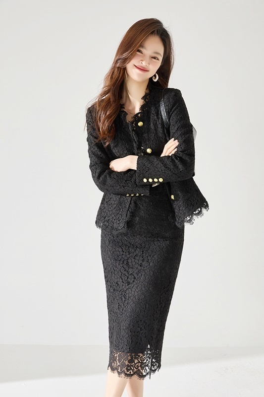 睫毛蕾絲小香風中長裙 兩色