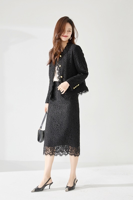 睫毛蕾絲小香風中長裙 兩色