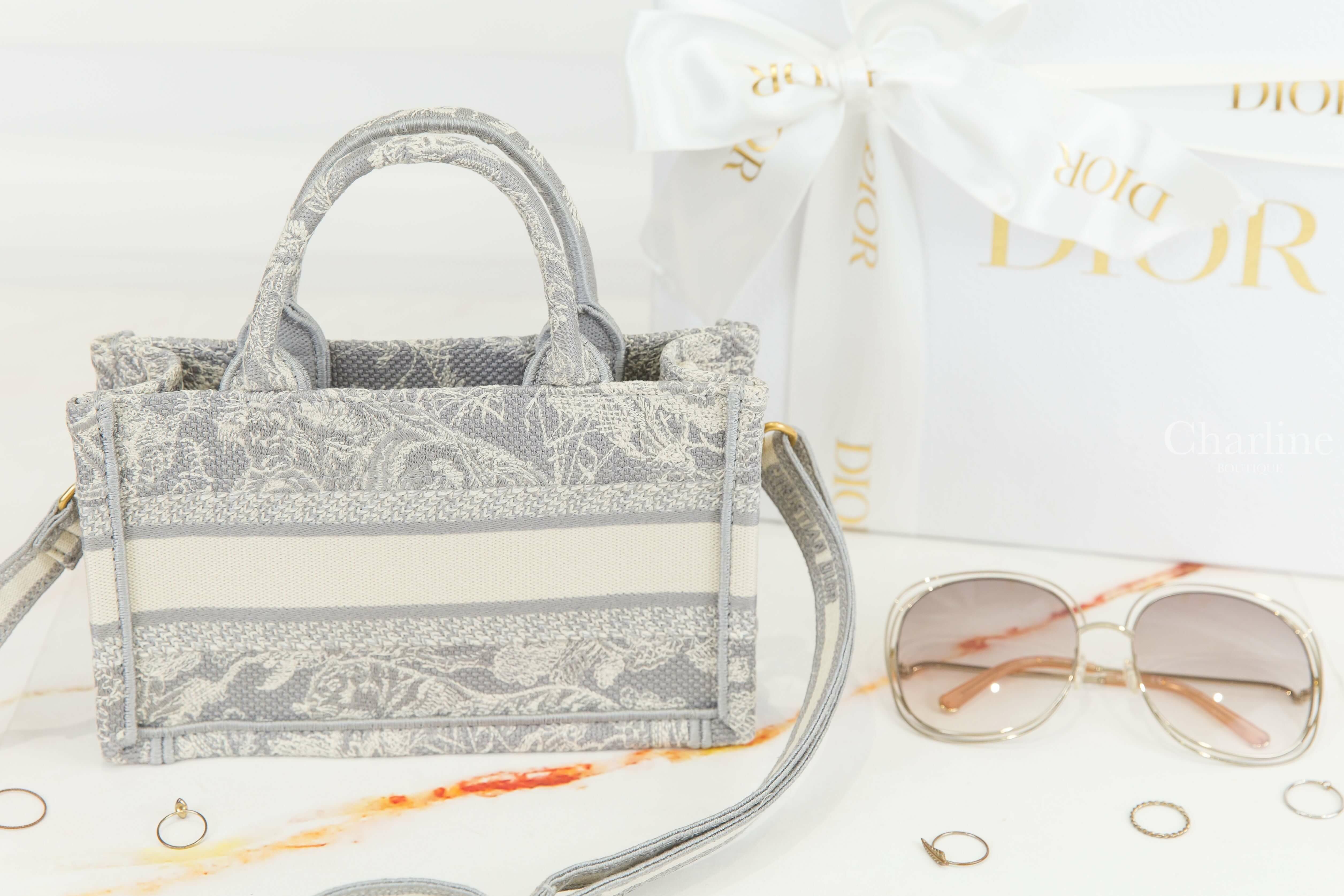 Dior Mini Dior Book Tote With Strap 灰色水墨畫圖騰刺繡迷你肩背帆布提把托特包-Charline Boutique 精品代購