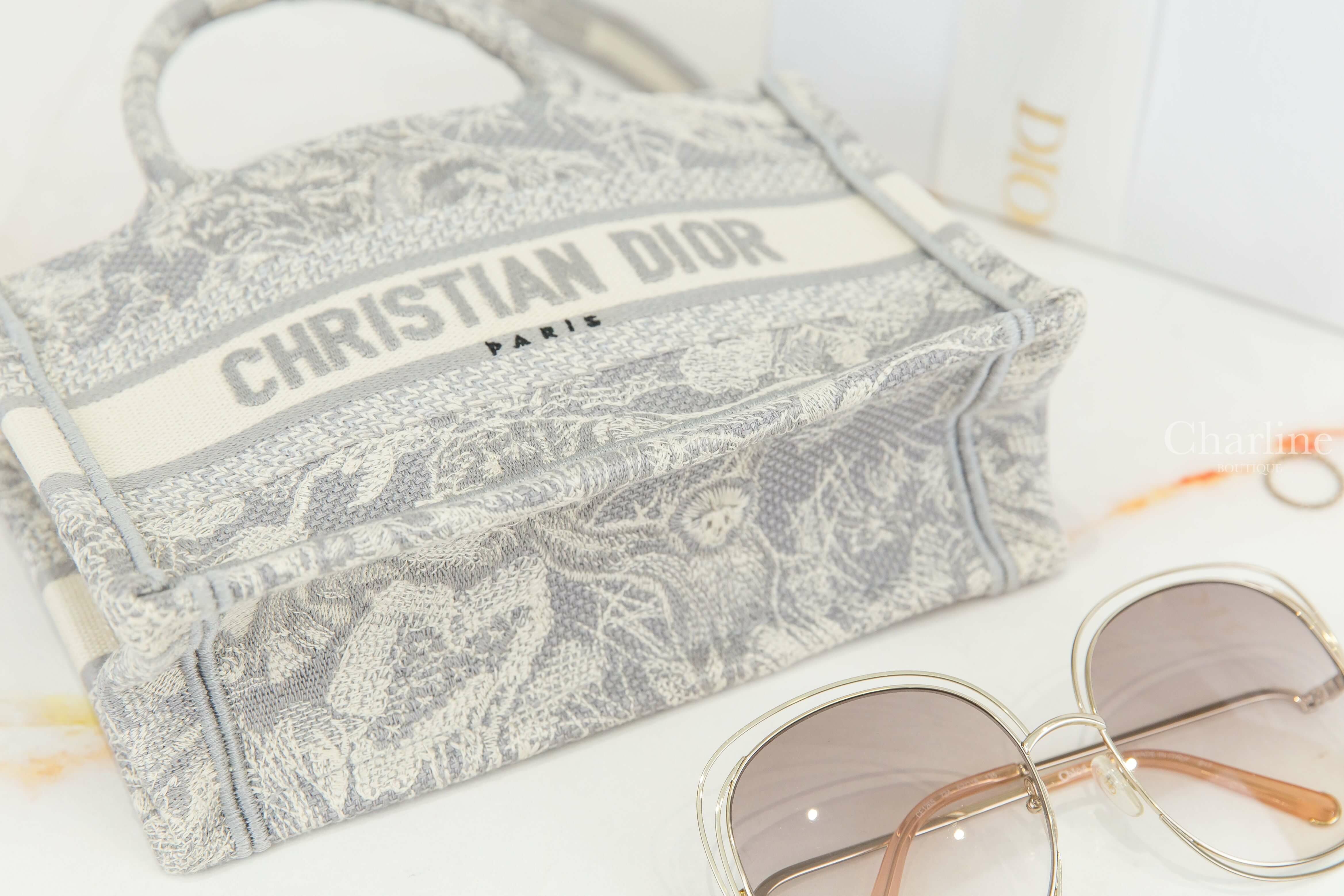 Dior Mini Dior Book Tote With Strap 灰色水墨畫圖騰刺繡迷你肩背帆布提把托特包-Charline Boutique 精品代購