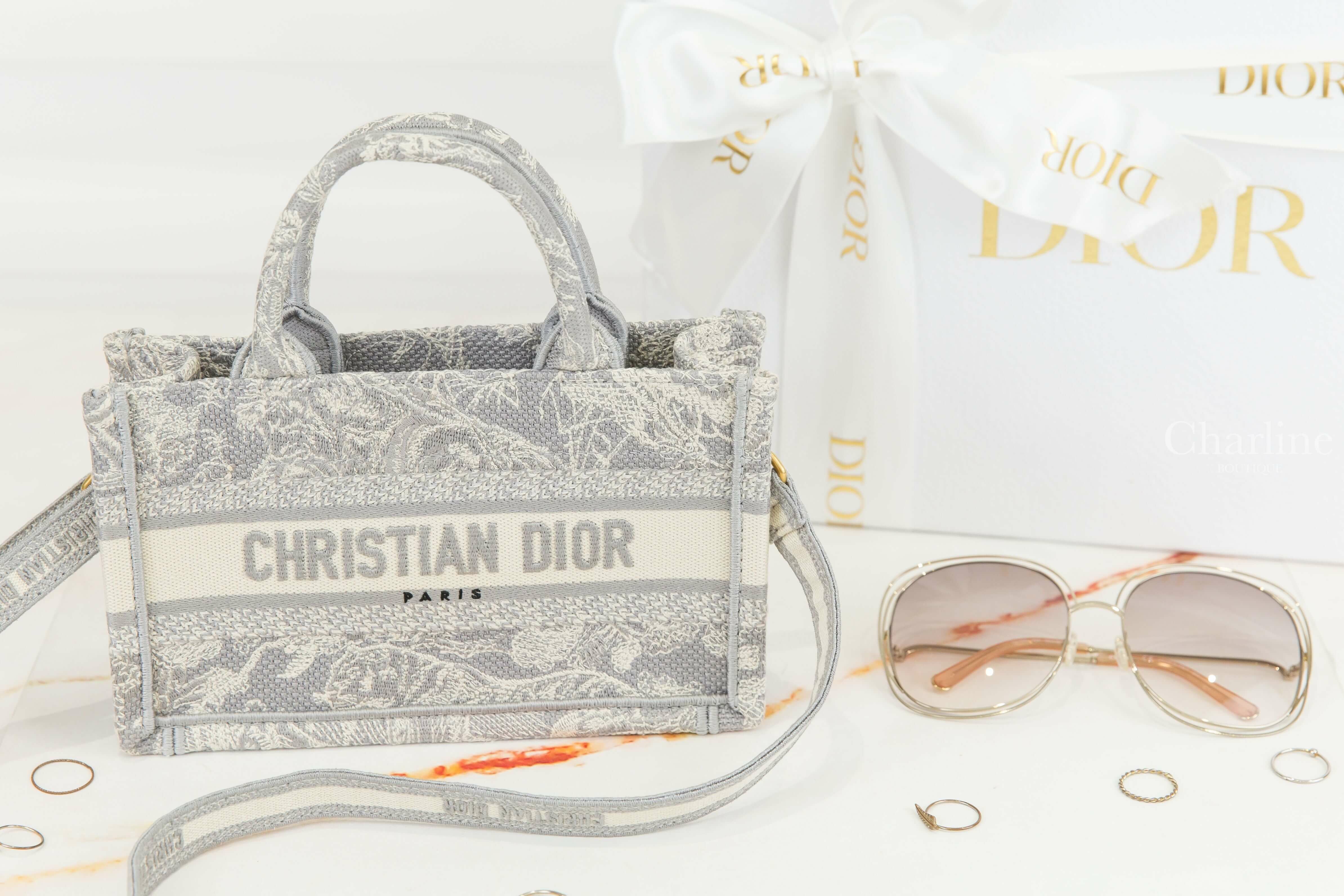 Dior Mini Dior Book Tote With Strap 灰色水墨畫圖騰刺繡迷你肩背帆布提把托特包