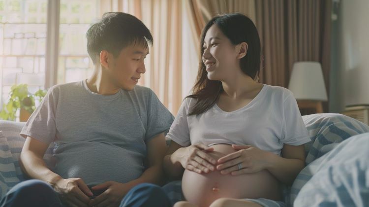 一對夫妻坐在床上一起看著太太懷孕後期的肚子。