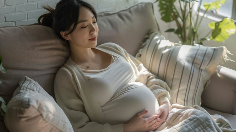 孕婦躺在沙發上休息。