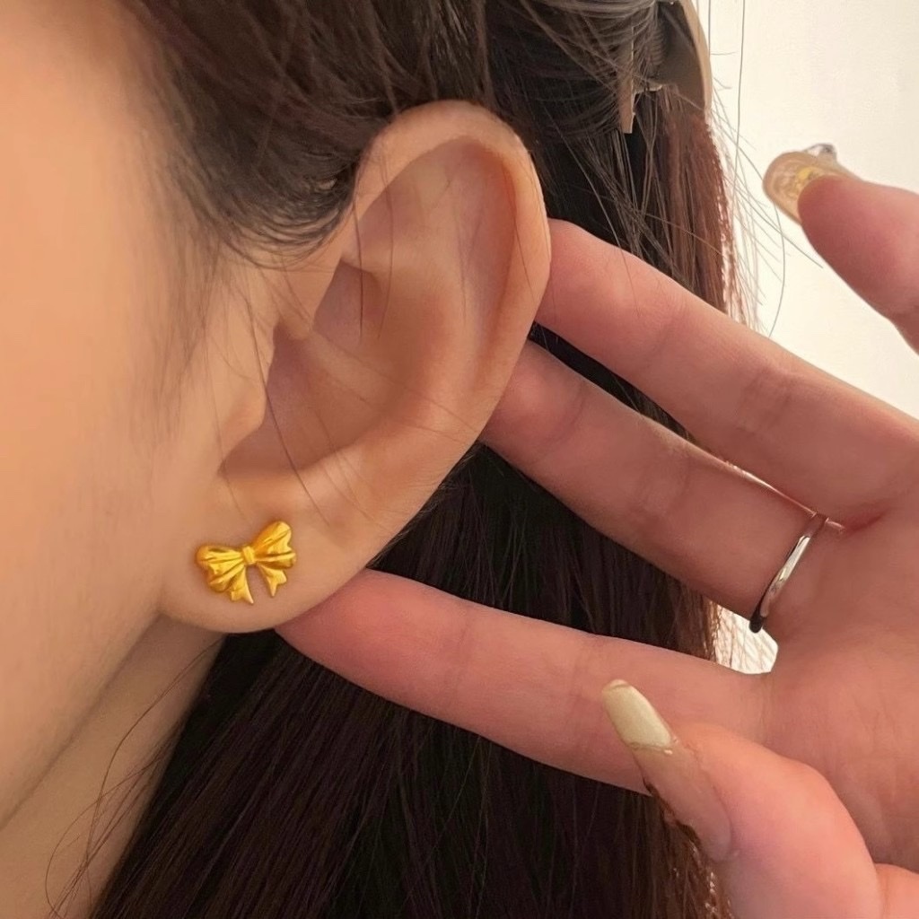 mini金啞光磨砂蝴蝶結 鈦鋼耳釘