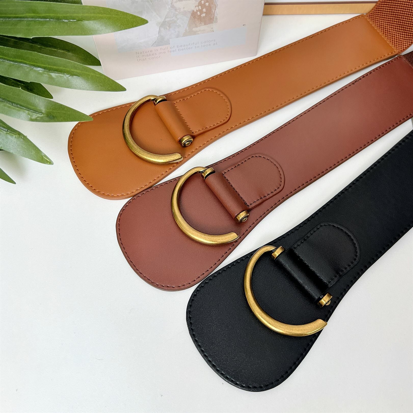 #T01 真皮橡筋彈力金色環扣腰帶 (長77cm 闊5cm)