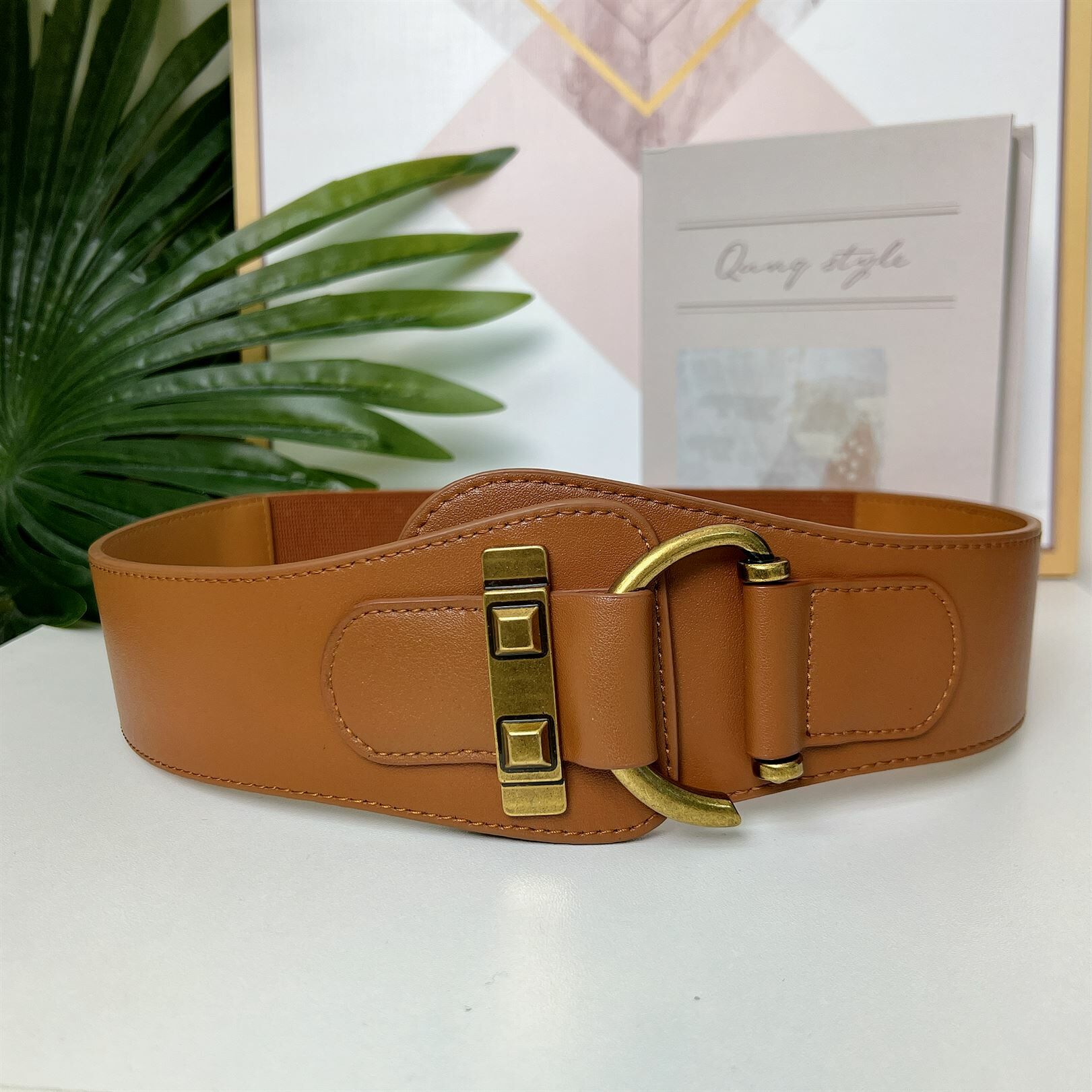 #T01 真皮橡筋彈力金色環扣腰帶 (長77cm 闊5cm)