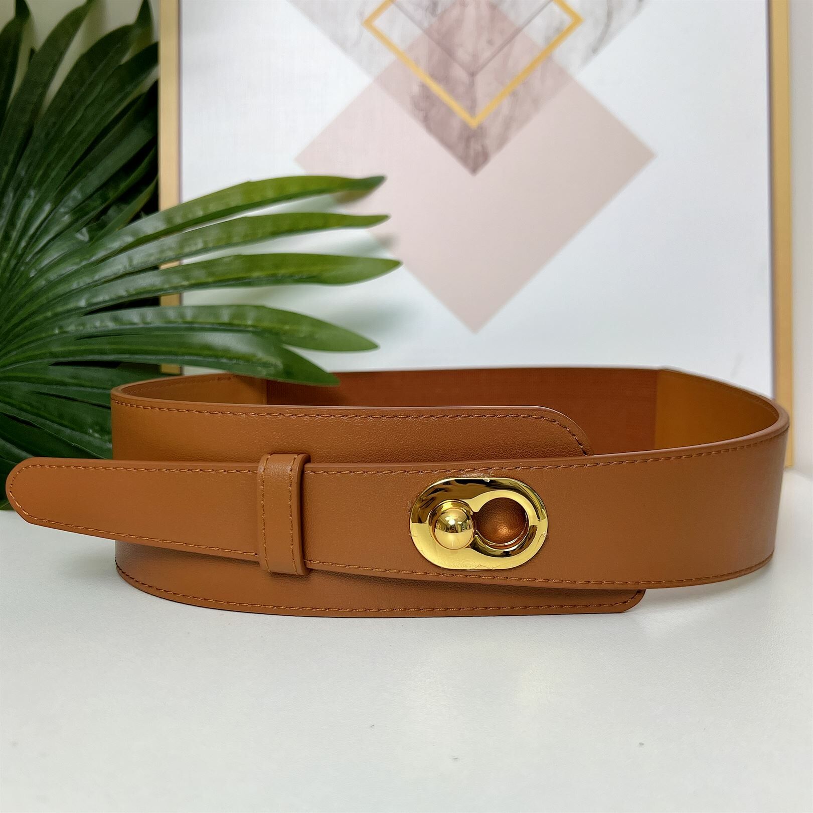 #T02 真皮橡筋彈力金色卡扣腰帶 (長70-80cm 闊66cm)