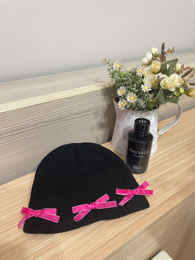韓國桃紅蝴蝶結毛帽-黑