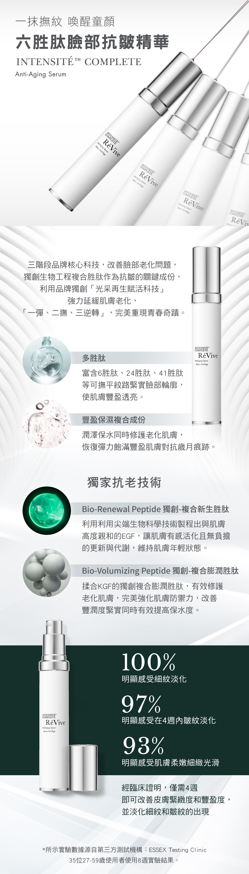 超革命技術打破肌膚慣性!精心研發白金級定格神器『六胜肽臉部抗皺精華』,特地運用獨家革命性「超精準三重扭轉技術」,透過「一彈、二撫、三逆轉」為肌膚由內而外重新定位肌齡,一抹撫紋喚醒童顏、減齡超到位,全面防堵老化機制!