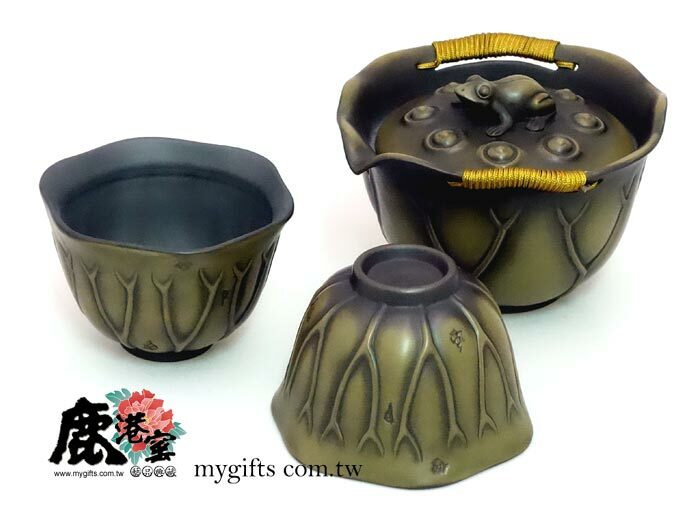 鹿港窯禮品館│一鳴驚人-荷蛙茶具組-1壺2杯 禮盒