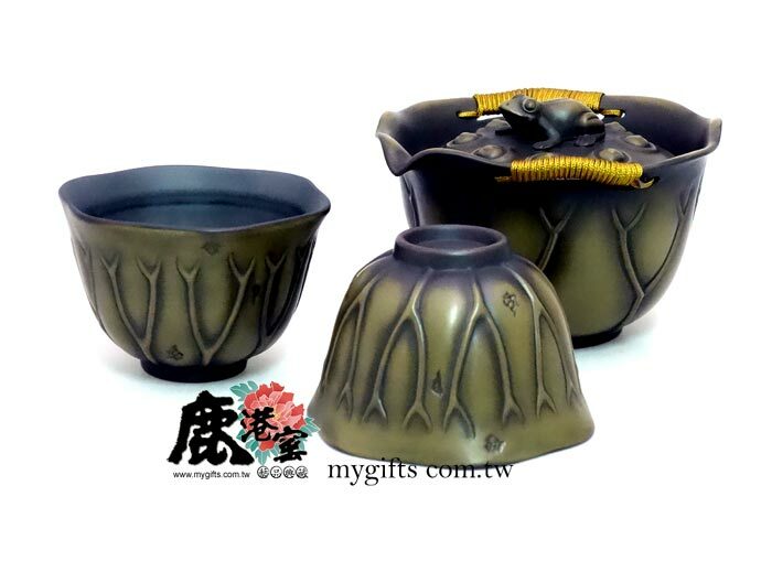 鹿港窯禮品館│一鳴驚人-荷蛙茶具組-1壺2杯 禮盒