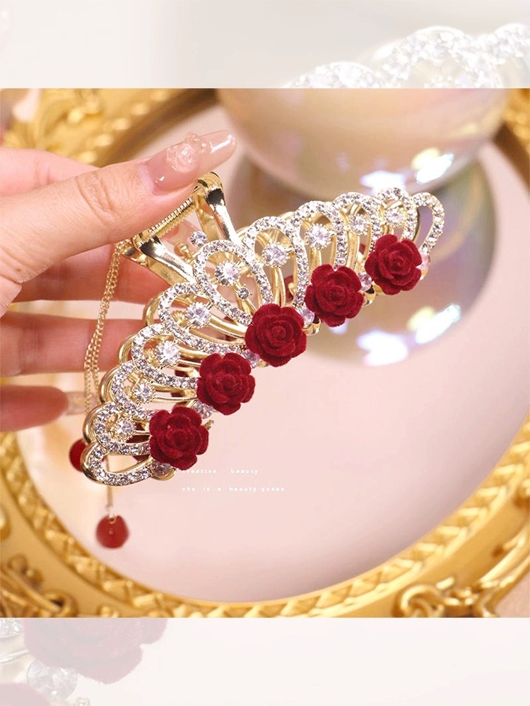 Crown Velvet Rose Tassel Hair Claw