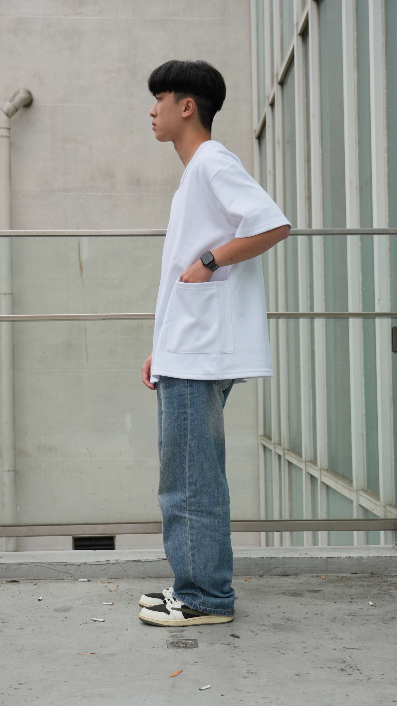 【24201】雙側大口袋設計太空棉落肩短T