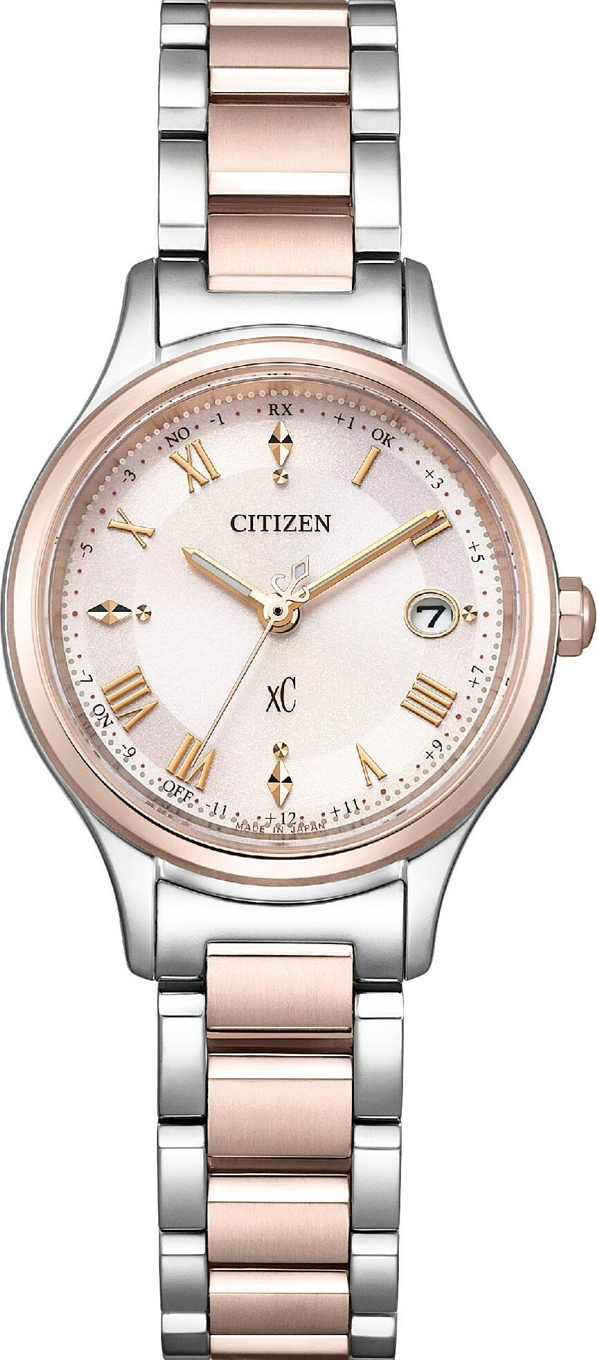 萬年鐘錶 - Citizen 星辰錶  XC   玫瑰金鈦金屬光動能電波女錶  ES9496-64W   錶徑27MM