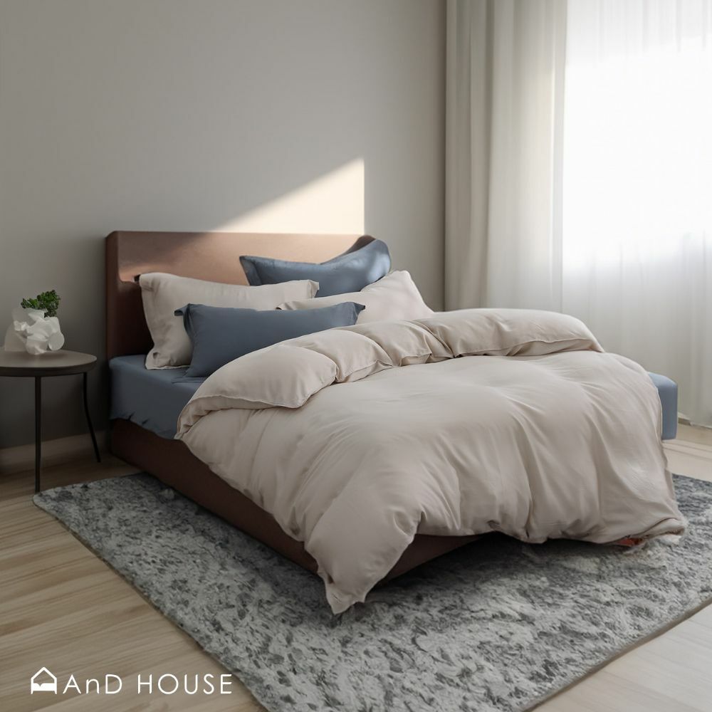 60支天絲｜100%萊賽爾｜雙色配｜淺茶米ｘ黛灰藍