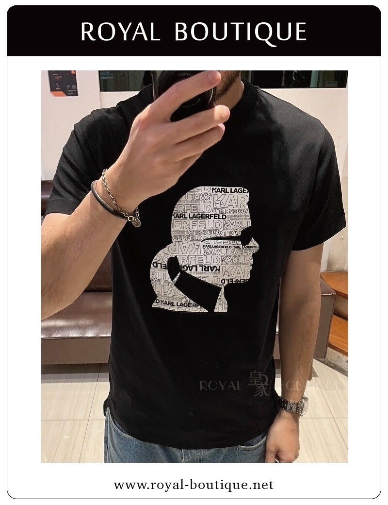 KARL LAGERFELD 卡爾 文字拼接老佛爺側臉剪影短T
