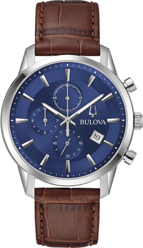 萬年鐘錶 - BULOVA 寶路華 Sutton 系列   藍色面盤三眼計時皮革錶帶男錶 96B402  錶徑 41MM