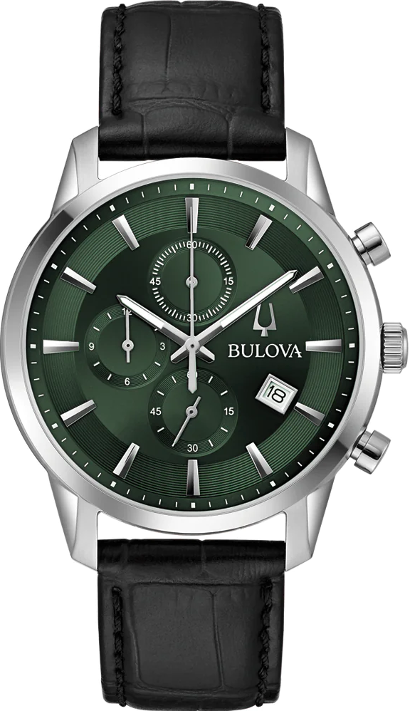 萬年鐘錶 - BULOVA 寶路華 Sutton 系列   綠色面盤三眼計時皮革錶帶男錶 96B413  錶徑 41MM