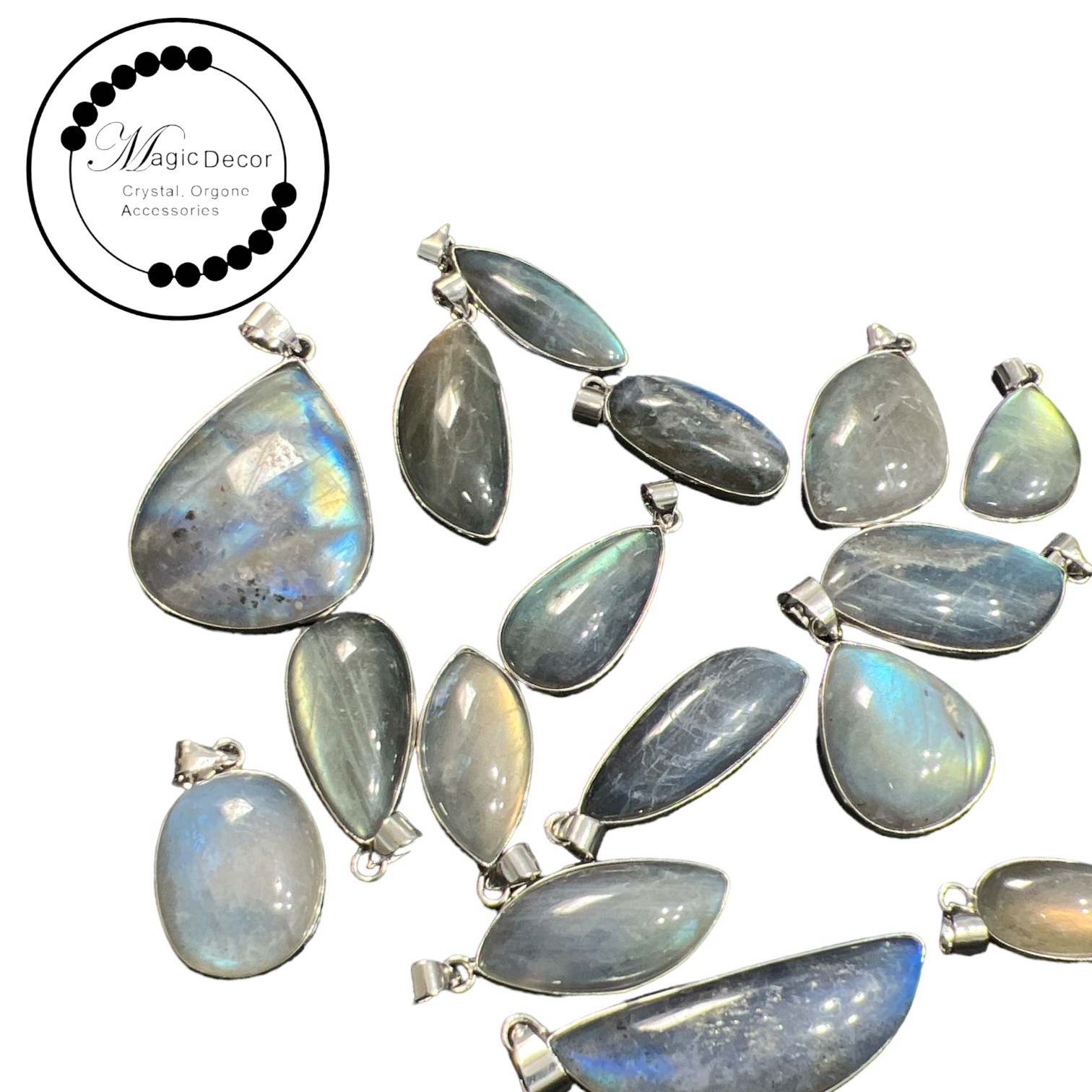 250809 - C26  強光彩隨機形狀拉長石包邊吊咀 送 鈦鋼鏈