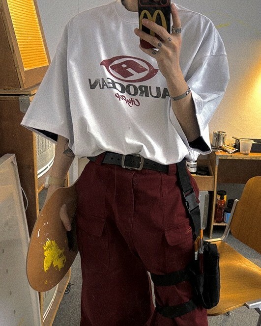 Aurocean 320克重磅純白色作舊印花短袖