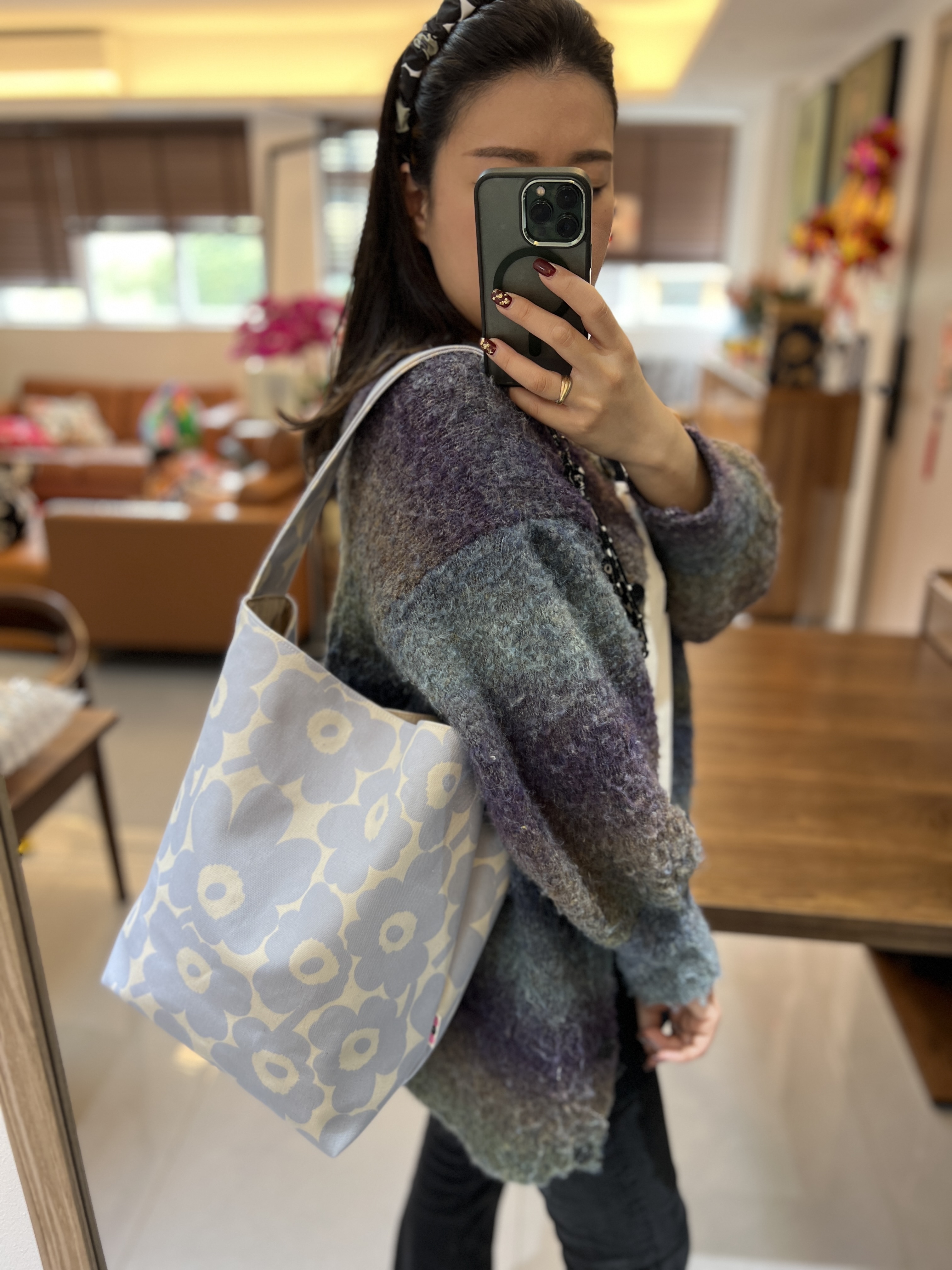 Shoulder tote ｜ marimekko canvas fabric | light blue 細花