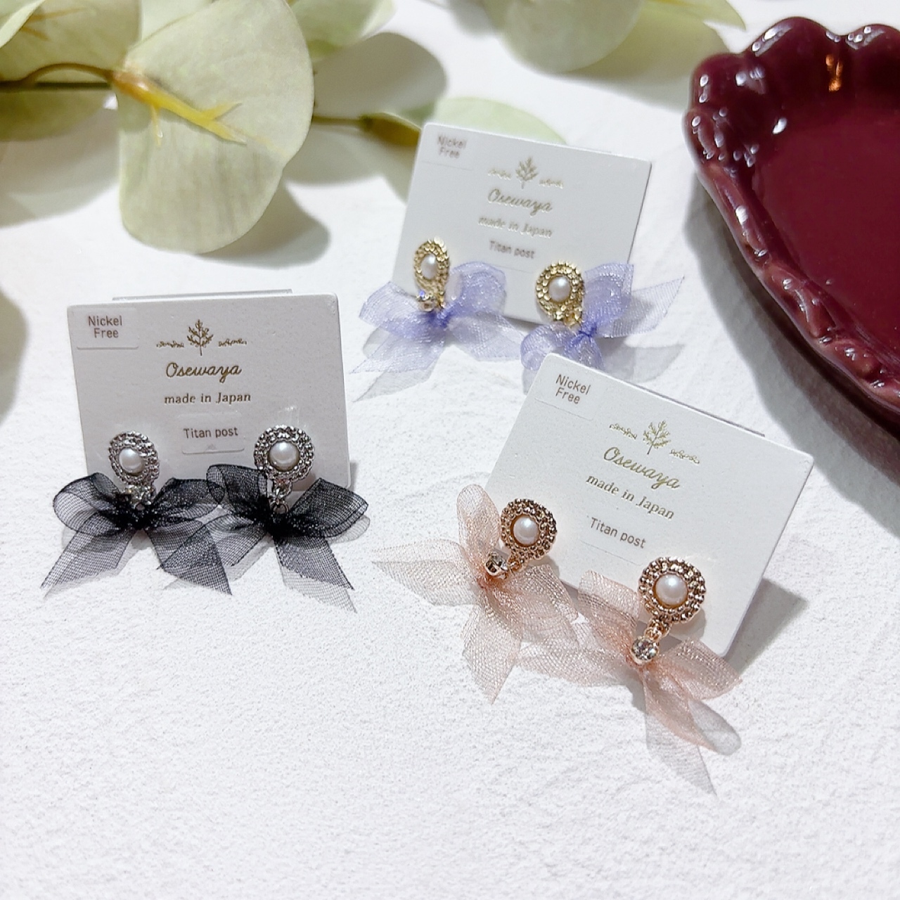 [日本制] 珍珠網紗蝴蝶結耳環