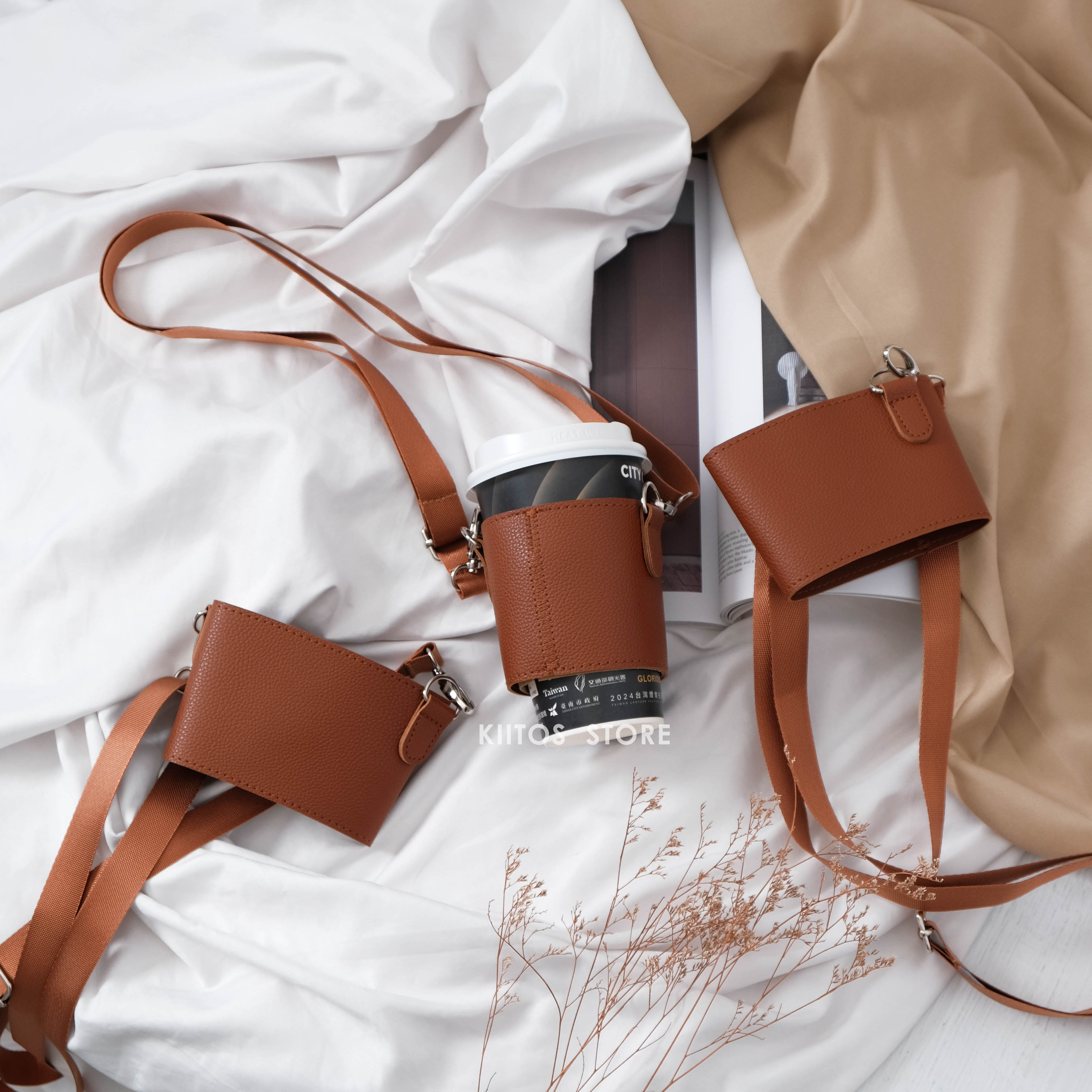 質感皮革 棕色 杯套 附掛繩背帶