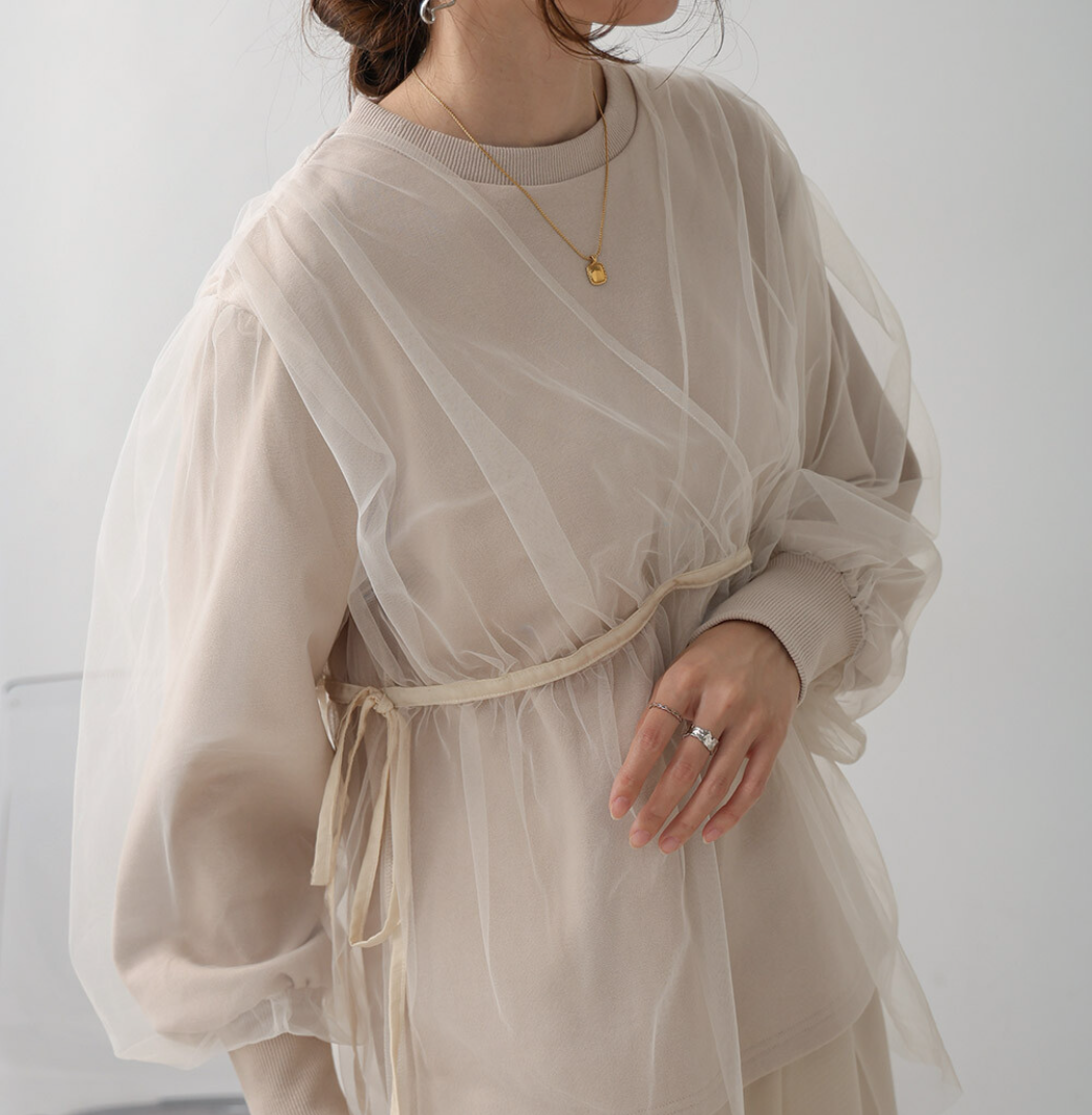 𓆞荷葉邊歐根紗束腰運動風上衣 (兩色入) 【日本直送】