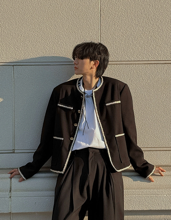 帶子口袋線條粗花呢夾克