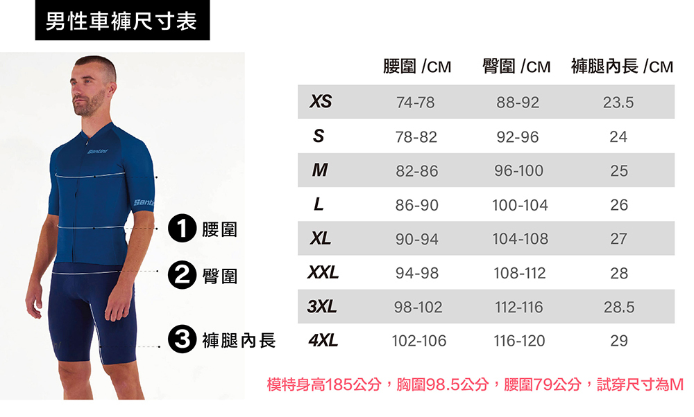 Santini男性車褲尺寸表