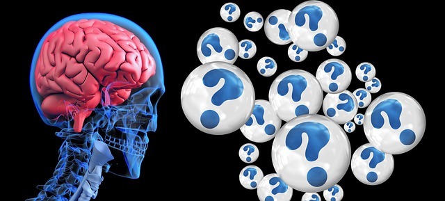 有可見大腦的頭骨，周圍有許多藍色和白色球體，裡面有問號符號。