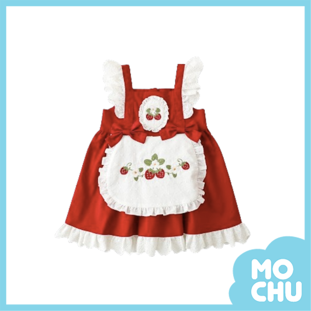 法式草莓波浪花邊連身裙