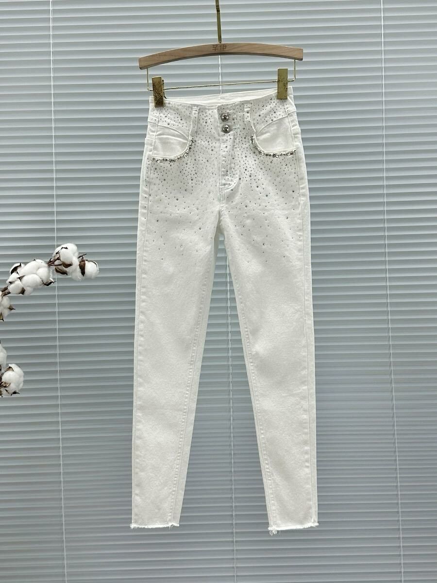 高腰雙釦褲頭碎鑽窄管褲