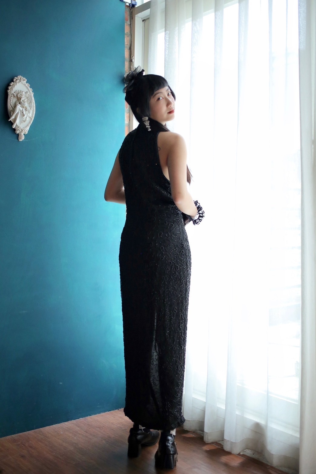 Vintage Dress / 古著串珠削肩款黑色禮服